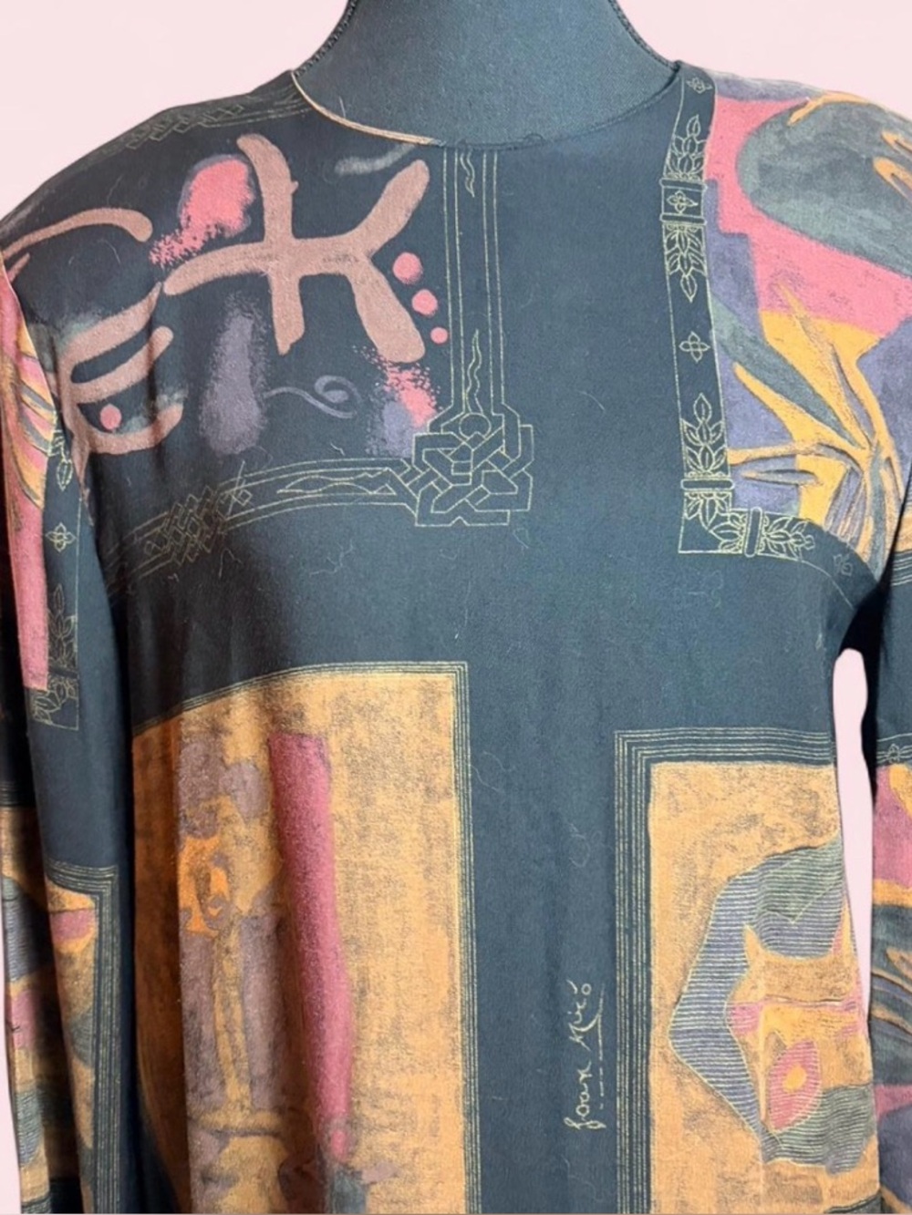 Vintage 90s Black Dress with Red and Brown Design